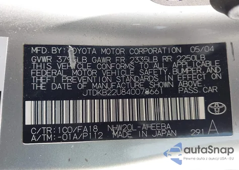 2004 Toyota Prius from USA, damaged, VIN JTDKB22U840078661